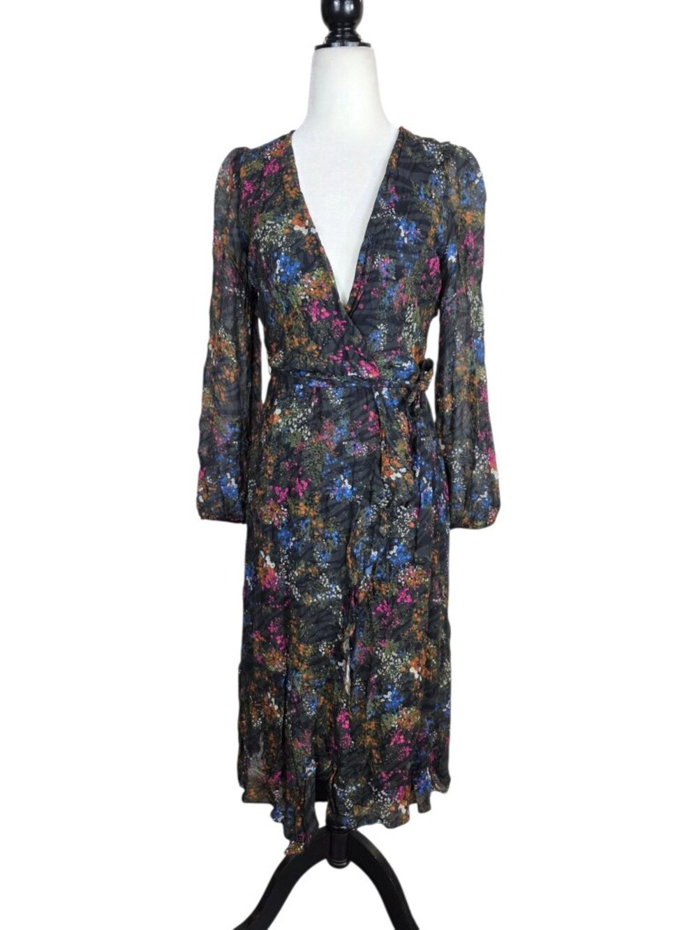 FRNCH Paris Floral Wrap Midi Dress Size S – Black Multi Floral – Made in Italy